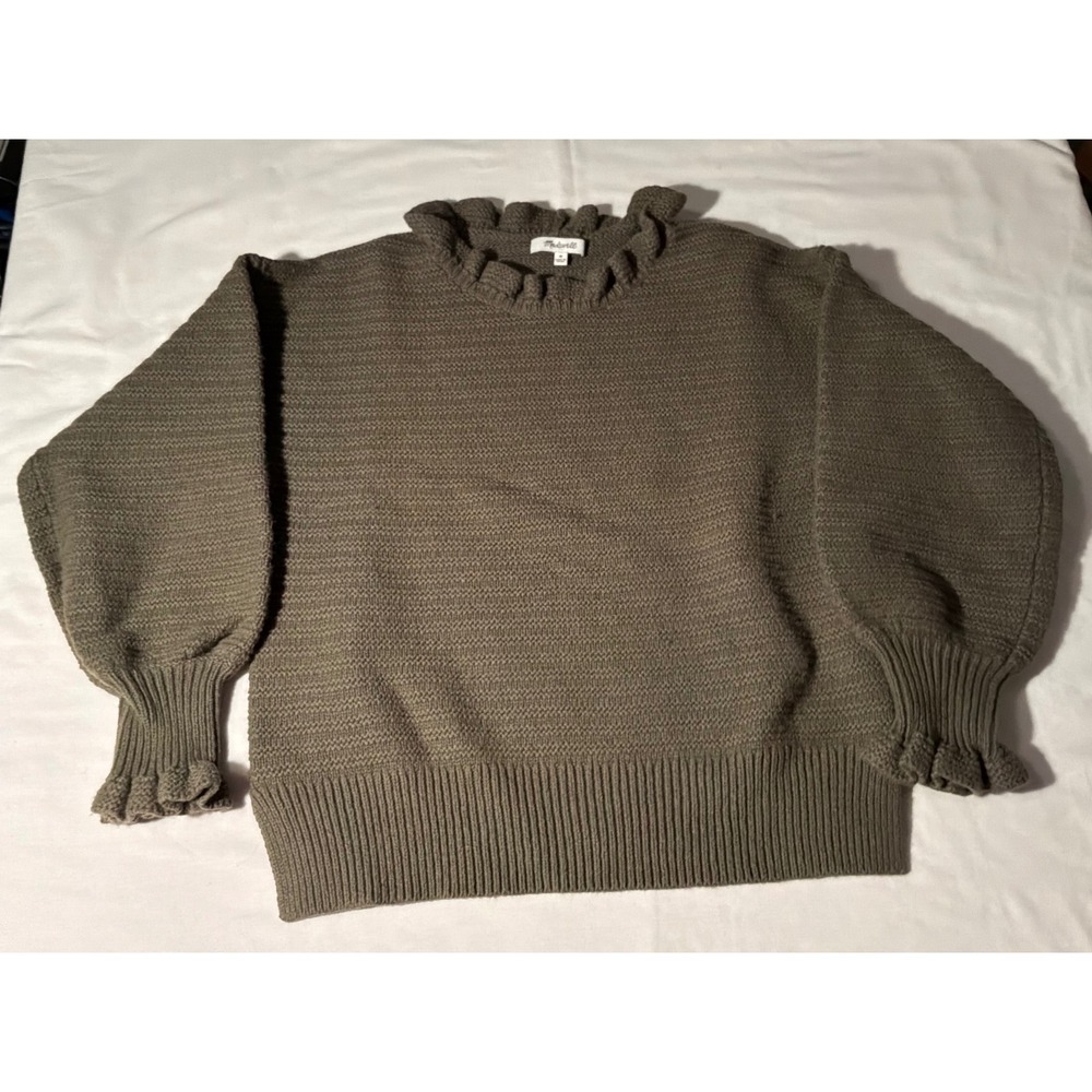 Madewell Ruffle Neck Balloon Sleeve Sweater Olive Green Cotton Merino Wool M